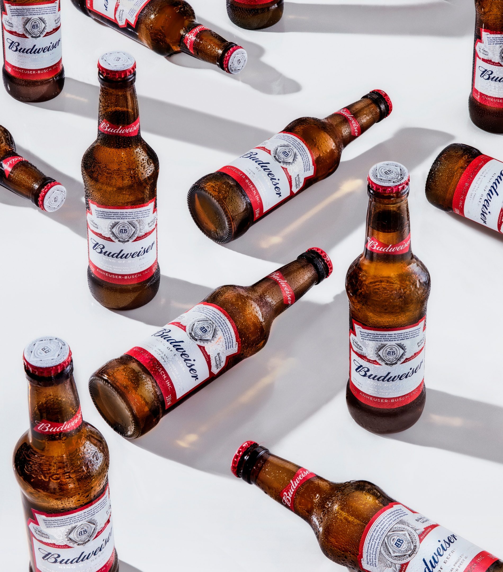 Garrafas de Budweiser em pé e deitadas sobre fundo branco