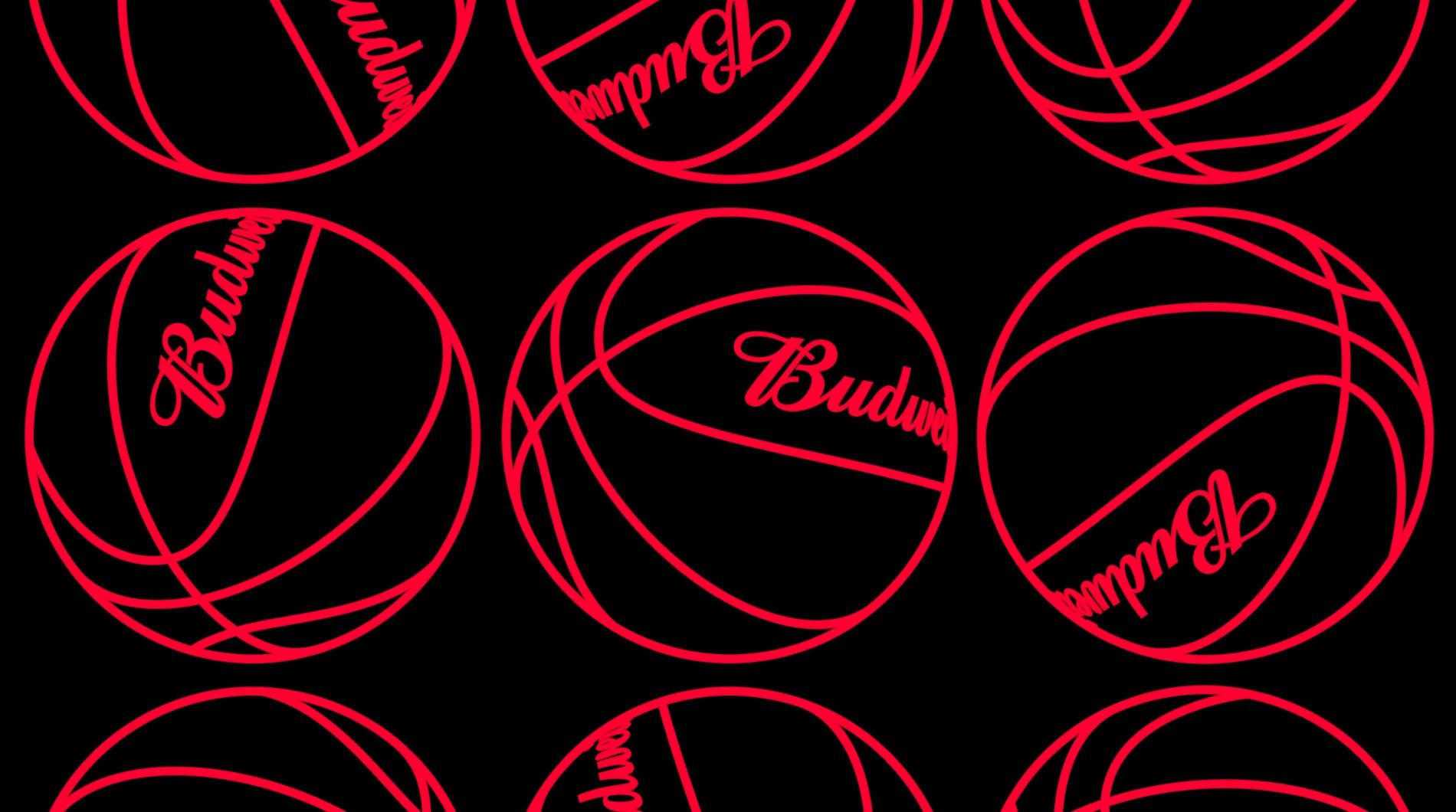 Bolas de basquete em traço vermelho com o script da Budweiser sobre fundo preto