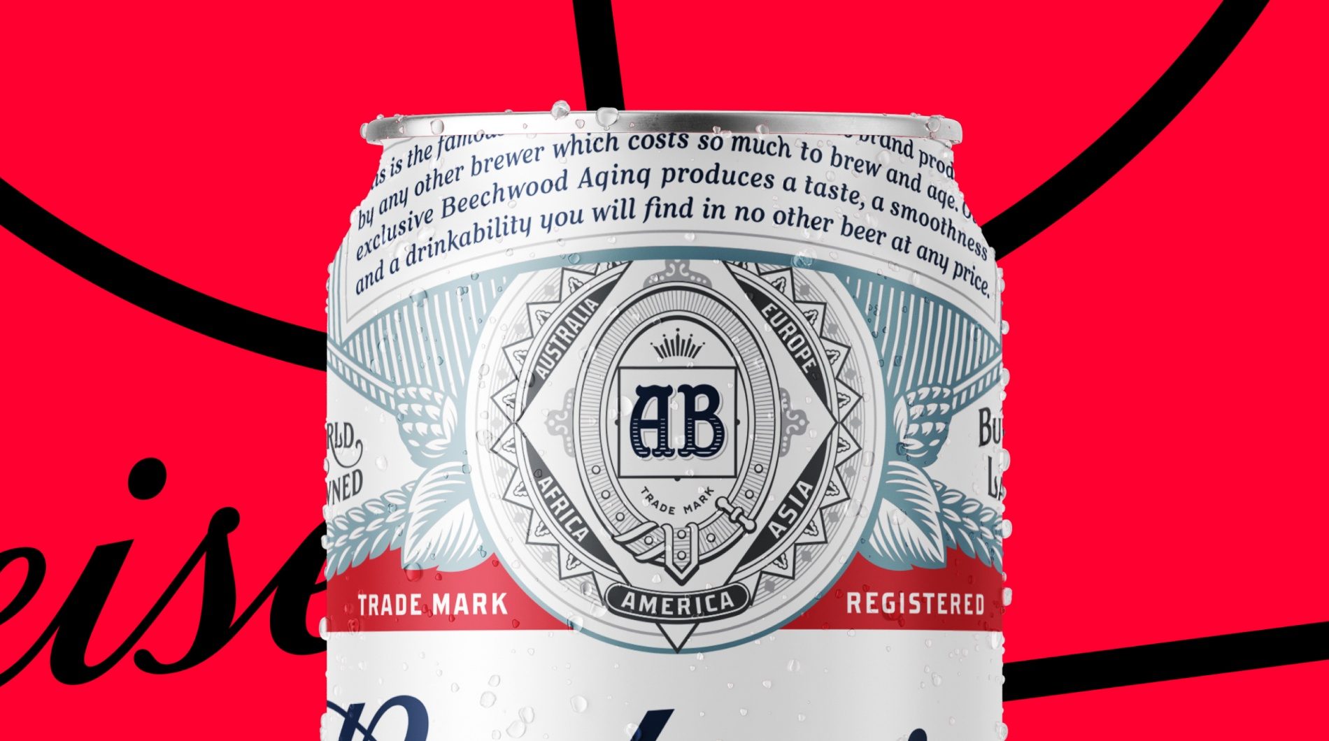 Close de uma lata de Budweiser diante da bola desenhada em traço preto sobre vermelho