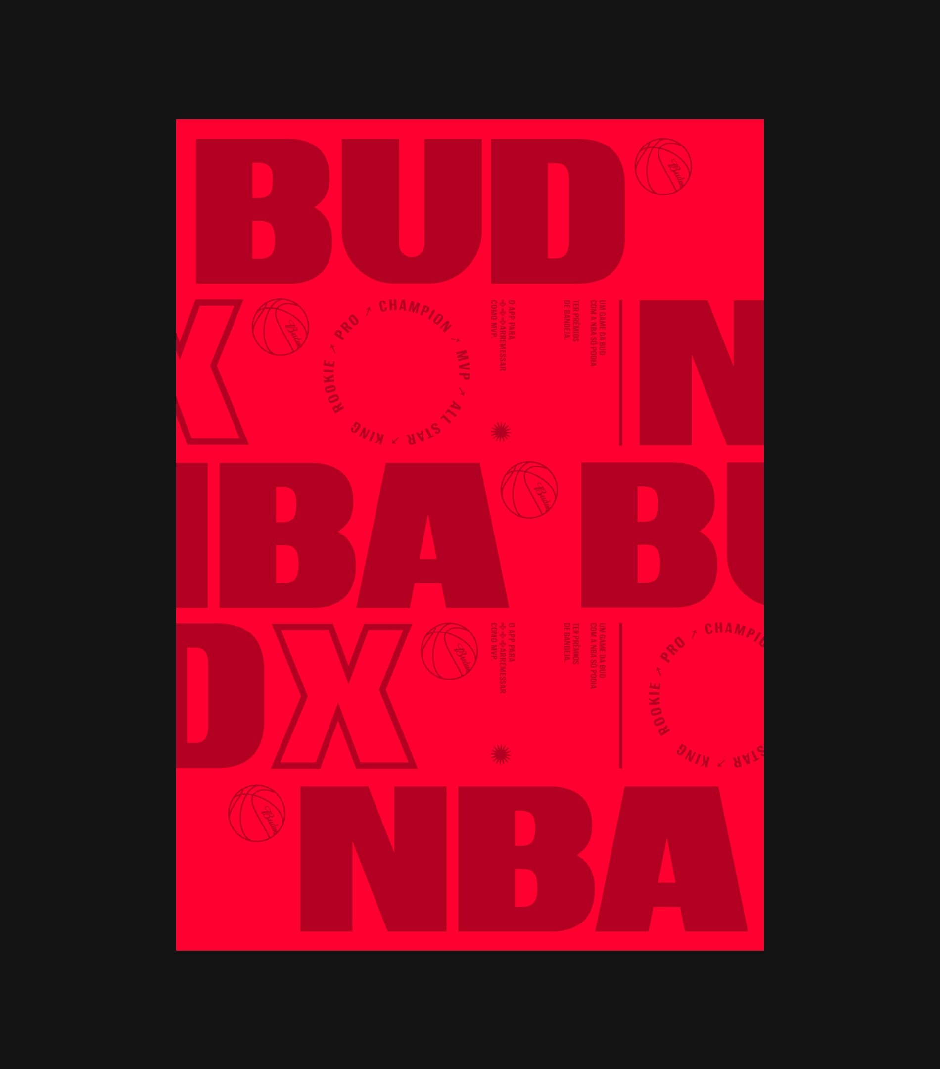 Pôster vermelho com BUDxNBA em letras grandes e bolas desenhadas em traço