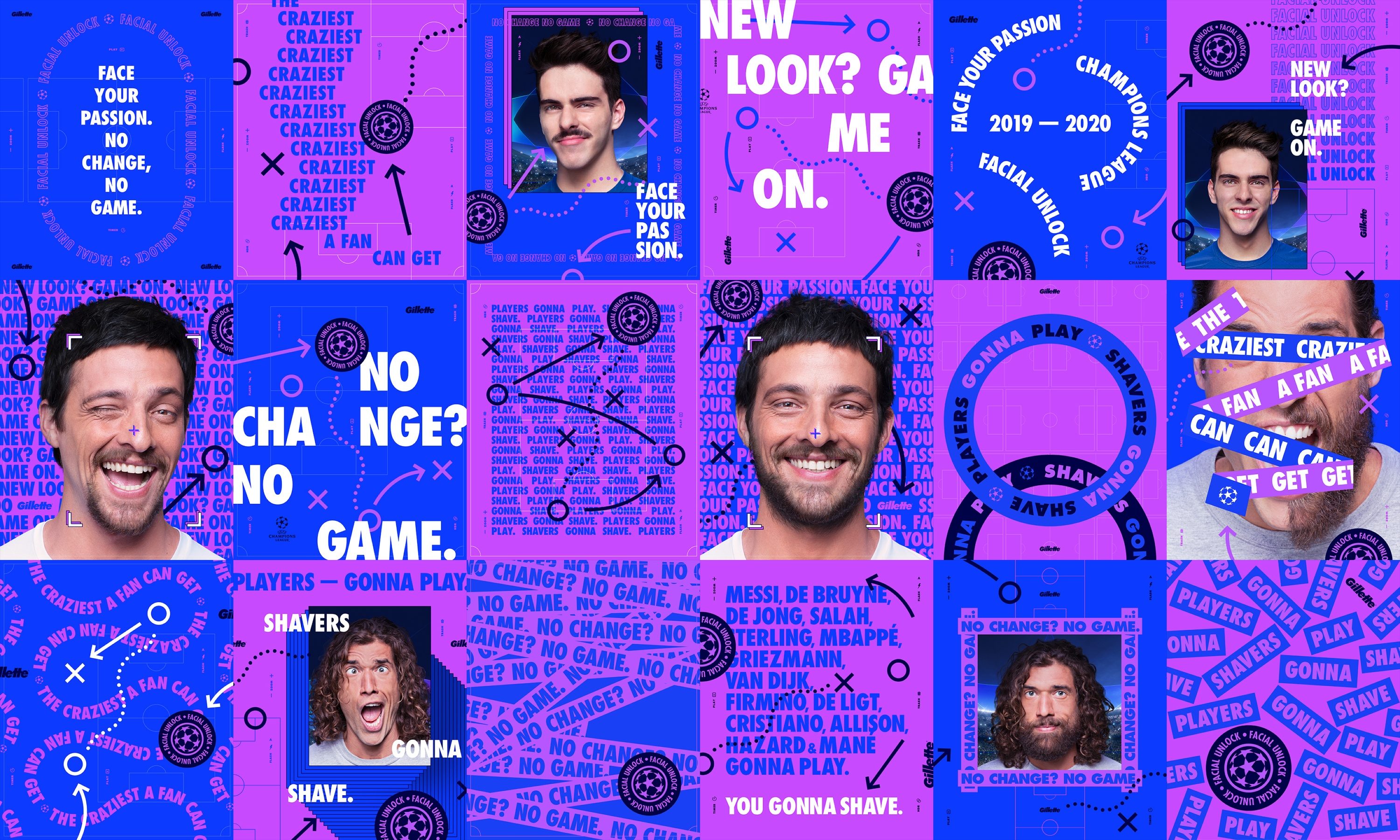 Grade de posts do Facial Unlock em azul e roxo, com rostos, campos de futebol e frases