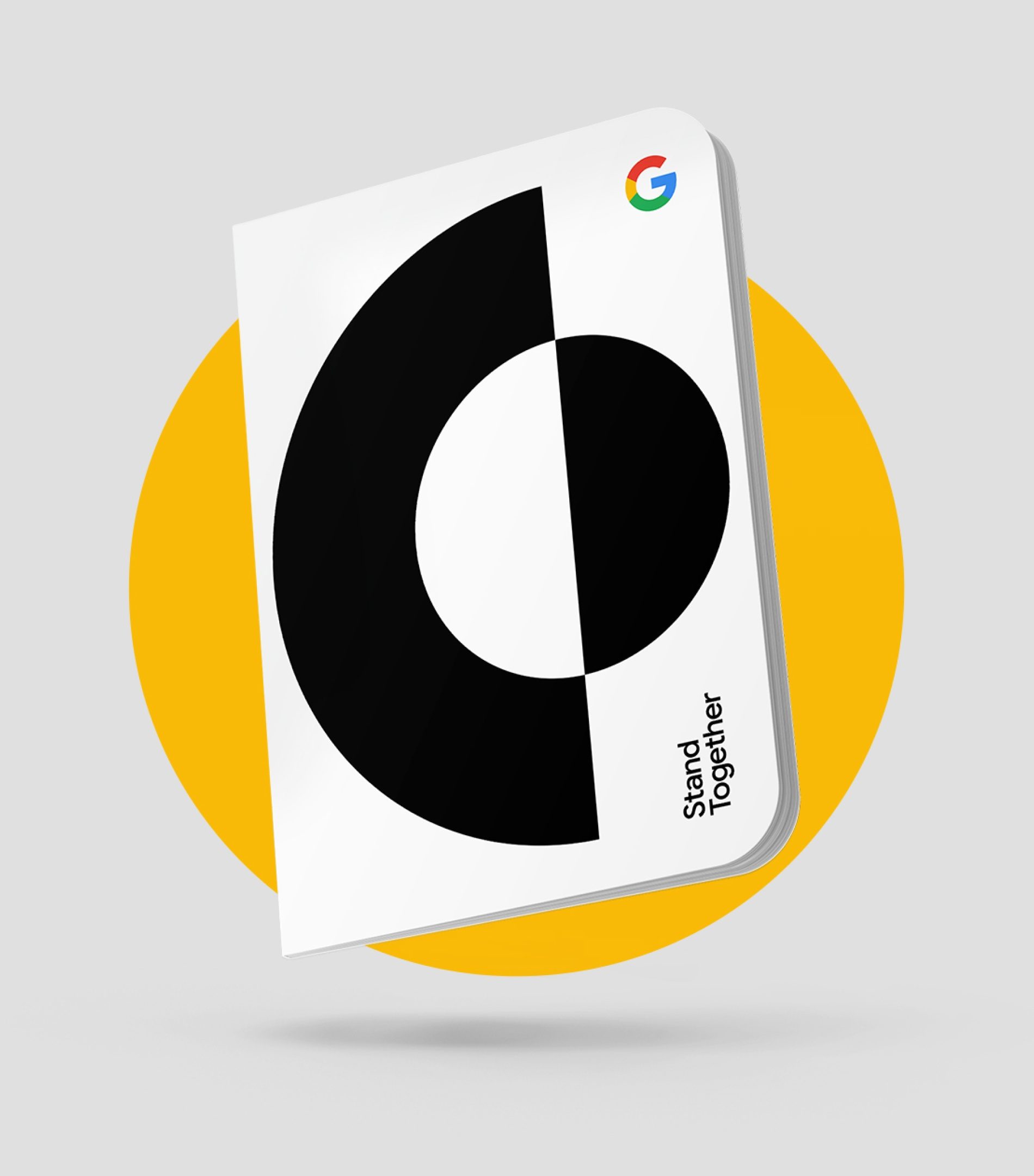 Caderno branco com o símbolo em grande escala, flutuando diante de um círculo amarelo