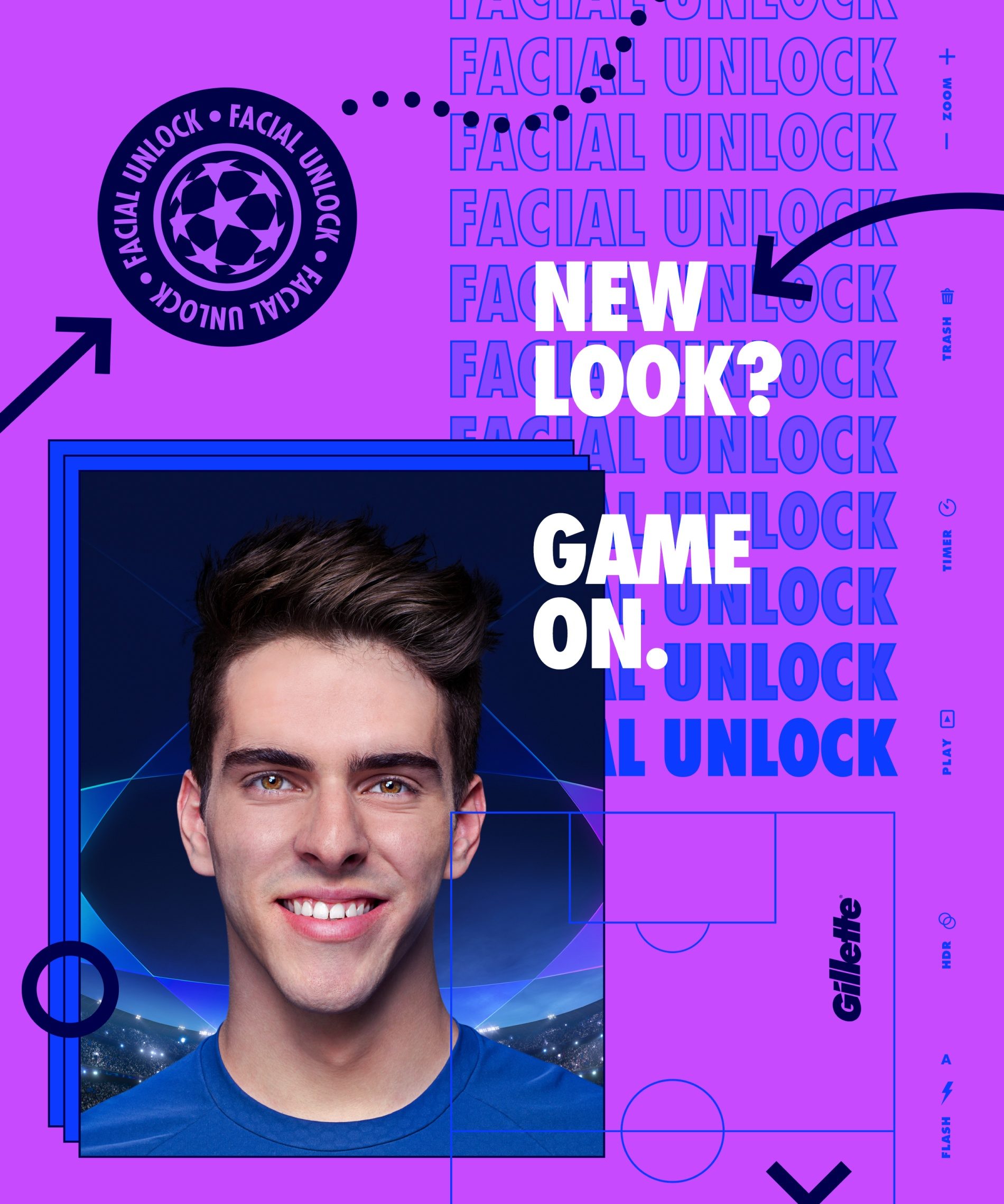 Post roxo com retrato de um jovem, o selo do Facial Unlock e a frase New look? Game on