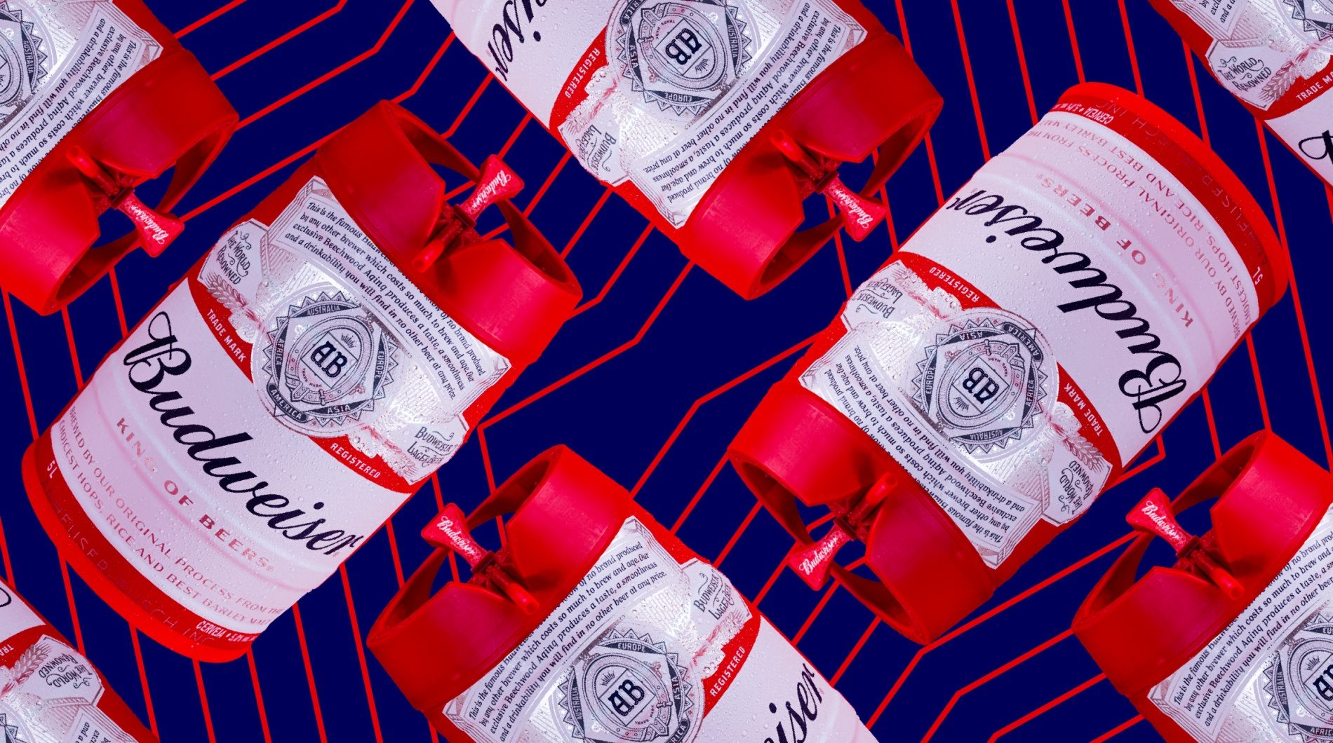 Padrão de barris de 5 litros da Budweiser sobre linhas vermelhas e fundo azul