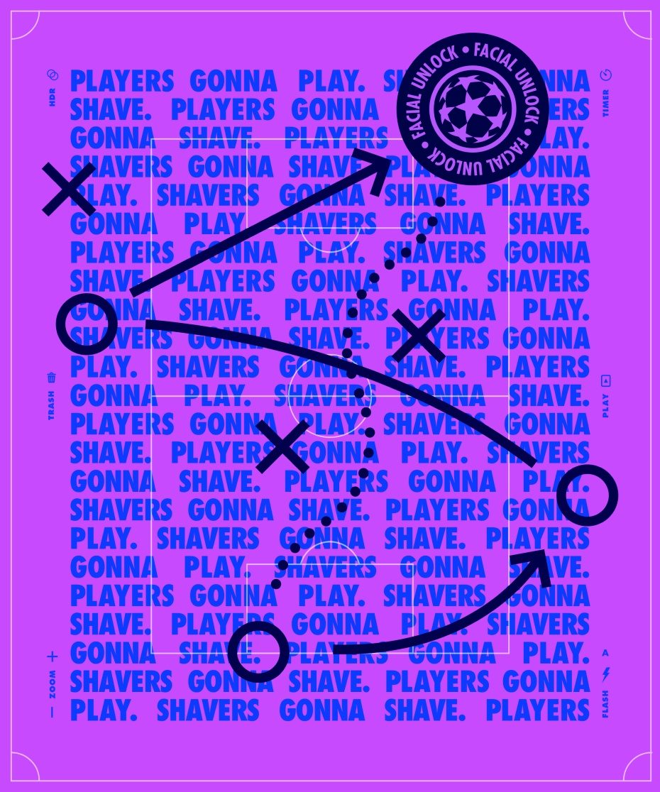 Players gonna play, shavers gonna shave repetido sob uma jogada desenhada em roxo