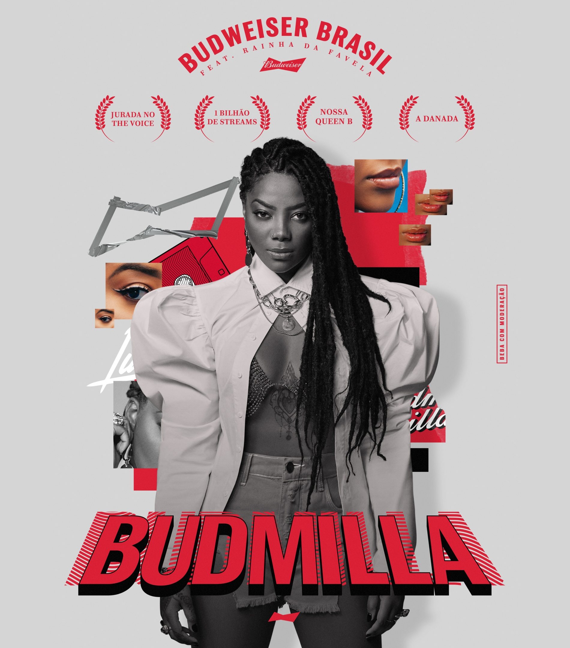 Pôster Budmilla com Ludmilla em preto e branco, colagem e o nome em vermelho