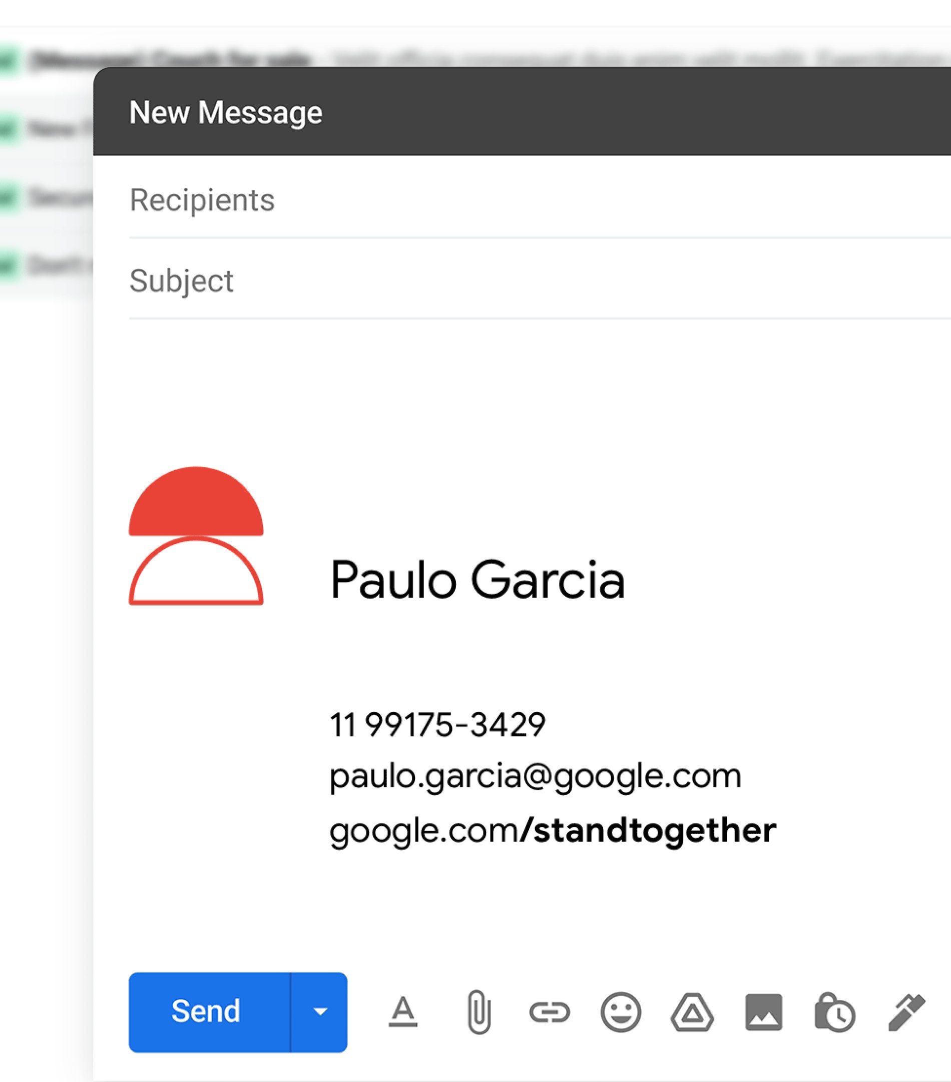 Assinatura de e-mail com duas meias-luas vermelhas, uma cheia e uma em contorno