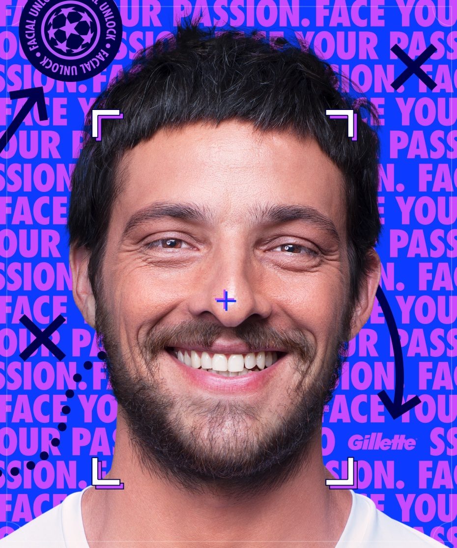 Homem sorrindo com a moldura de reconhecimento facial sobre Face your passion repetido