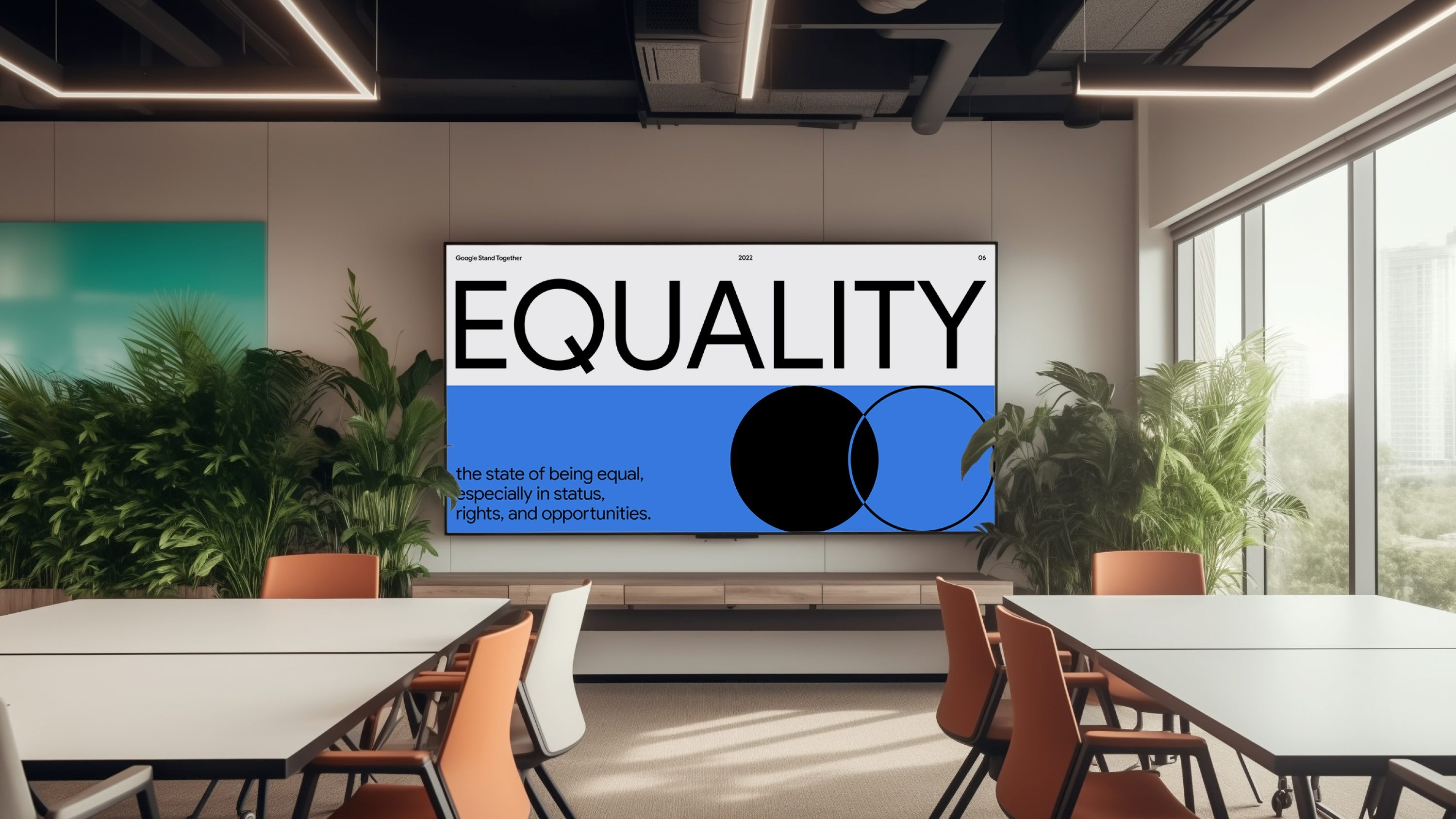 Sala de reunião com uma tela mostrando EQUALITY, a definição da palavra e dois círculos, um preto e um em contorno, sobre azul