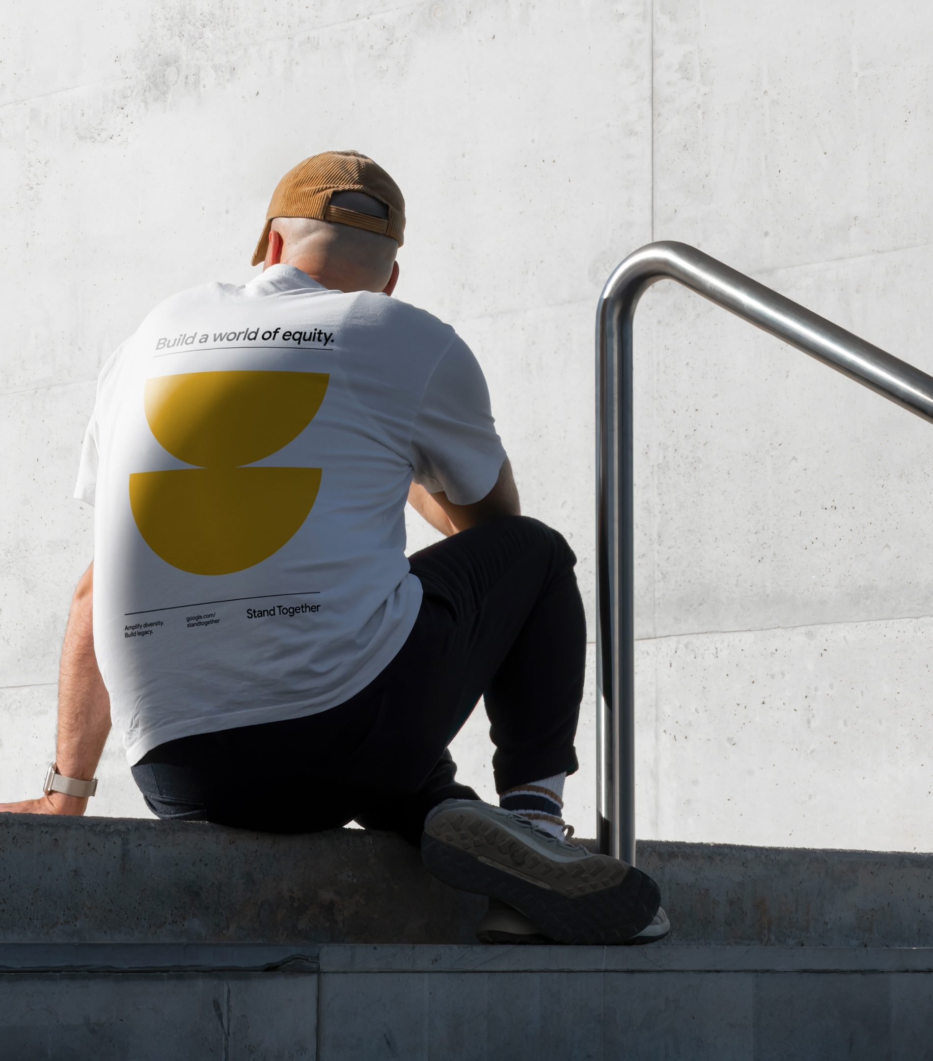 Homem sentado numa escada, de costas, com camiseta estampada com duas meias-luas amarelas e Build a world of equity.