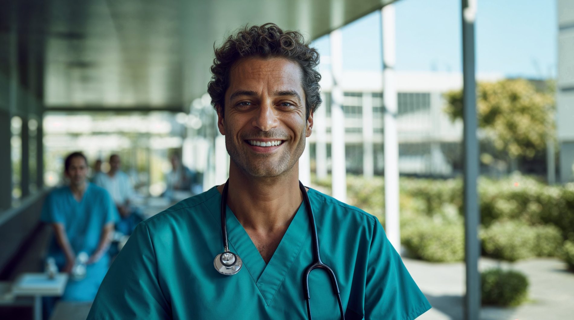 Retrato de um enfermeiro sorrindo, de uniforme verde e estetoscópio