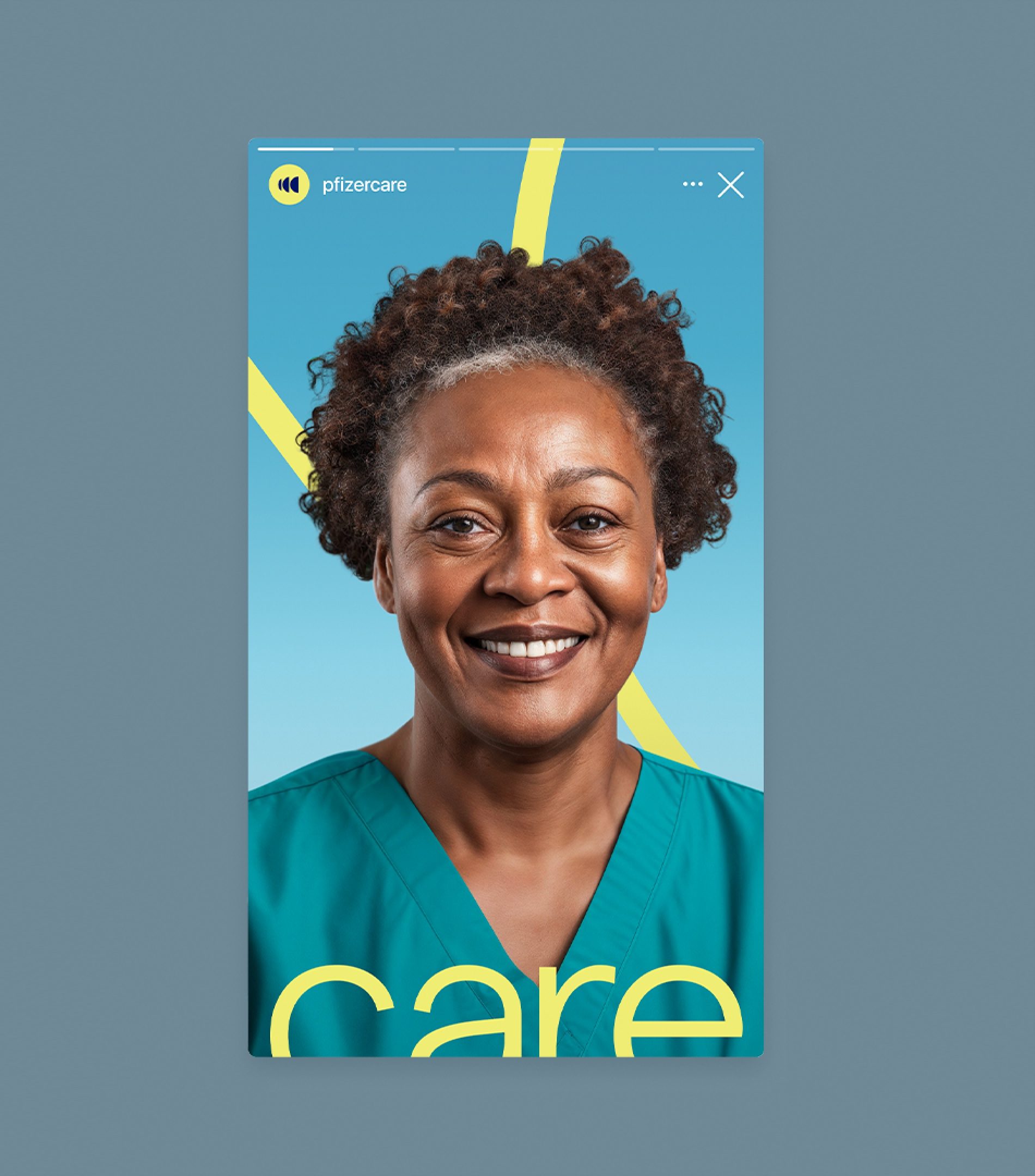 Story do Pfizer Care com o retrato de uma enfermeira sorrindo e o nome care em amarelo
