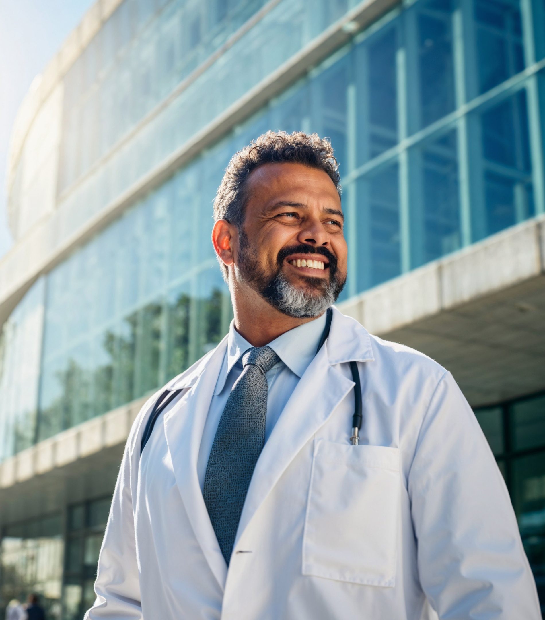 Retrato de um médico sorrindo diante de um prédio de vidro