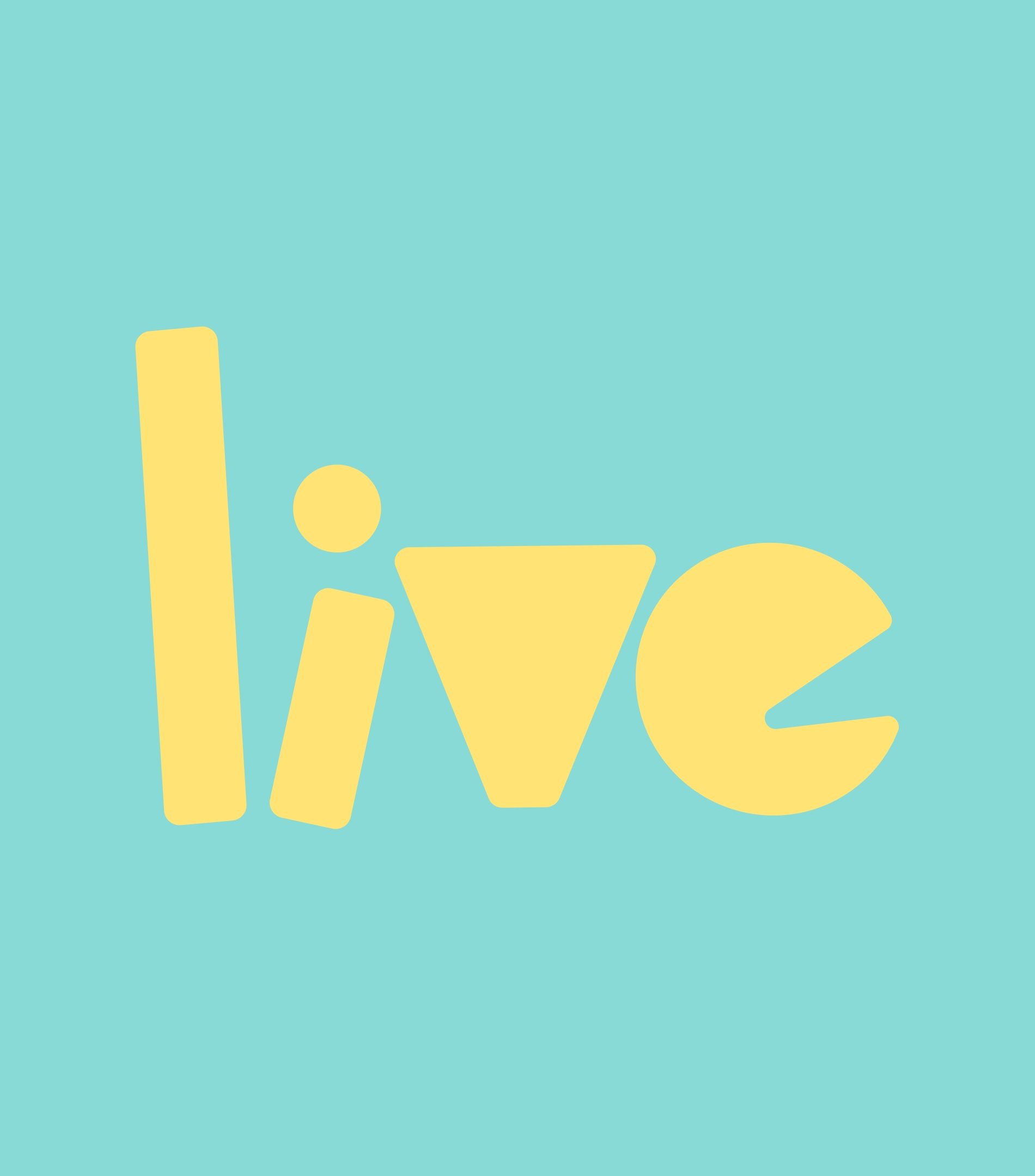 O nome live desenhado com formas geométricas em amarelo sobre verde água