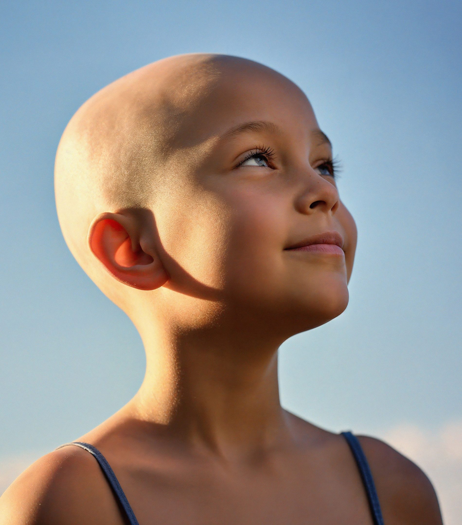 Retrato de uma criança careca sorrindo e olhando para o céu